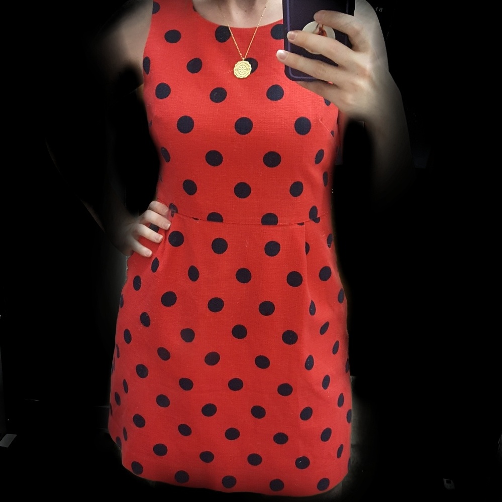 J. Crew Red Dress with Navy Polka Dots